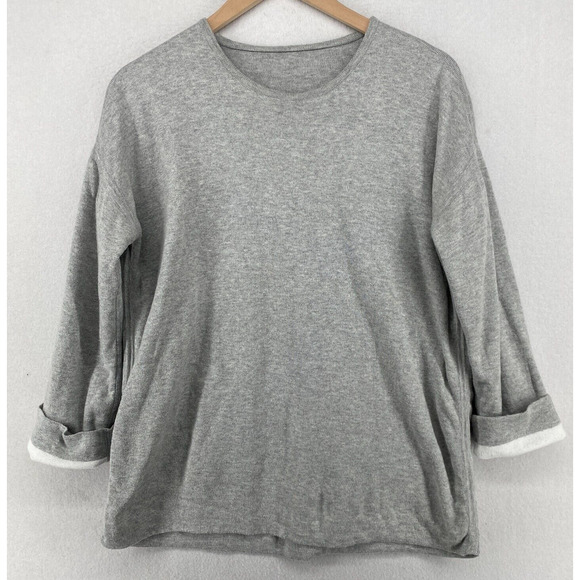 EILEEN FISHER Sweater S Organic Cotton Striped Reversible Pullover Gray White - Picture 2 of 14
